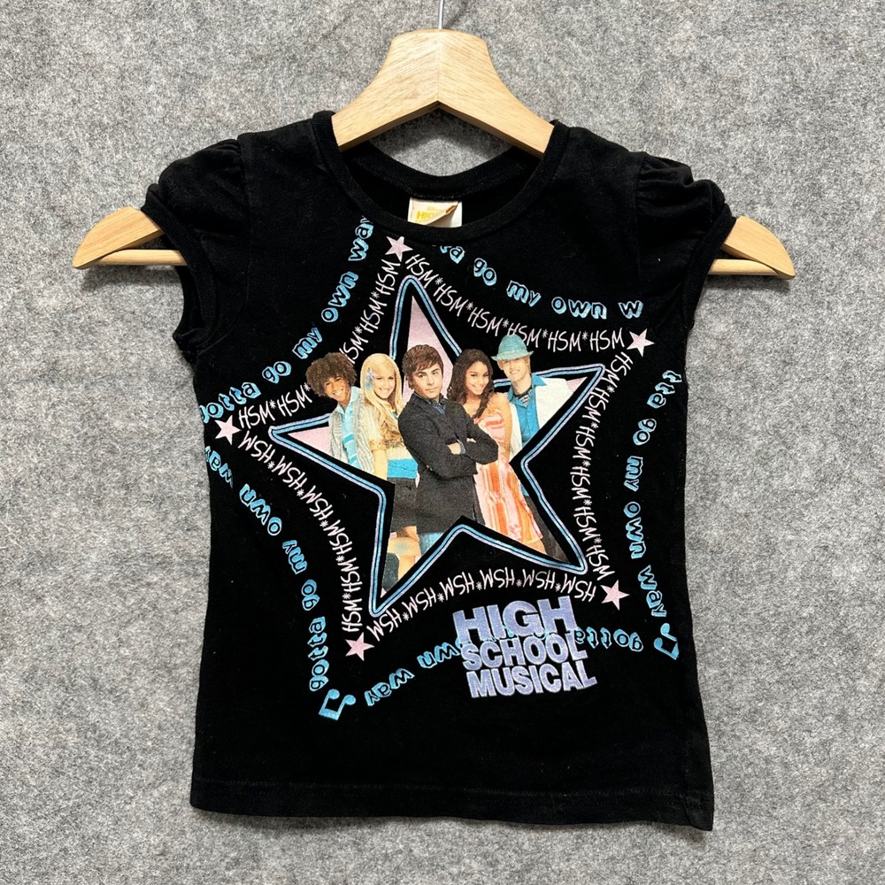 Y2K Disney High School Musical 2 T-Shirt Kids Sz 6X Black Graphic Puff Sleeve